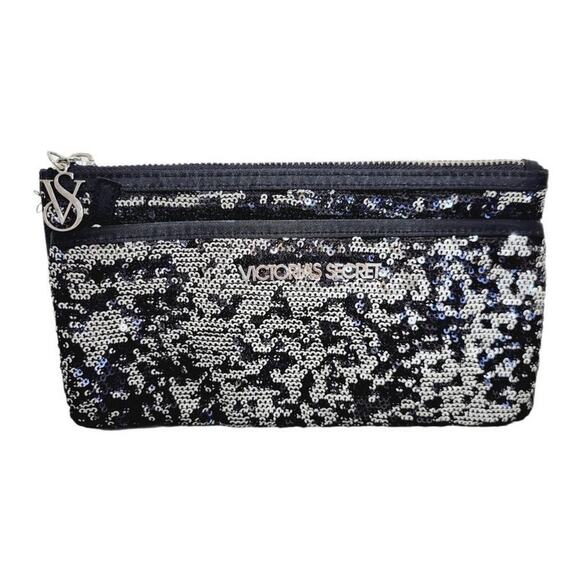 Victoria Secret Sequin Clutch Purse Black Silver Double Zip Pockets Sparkly Glam - Picture 1 of 6